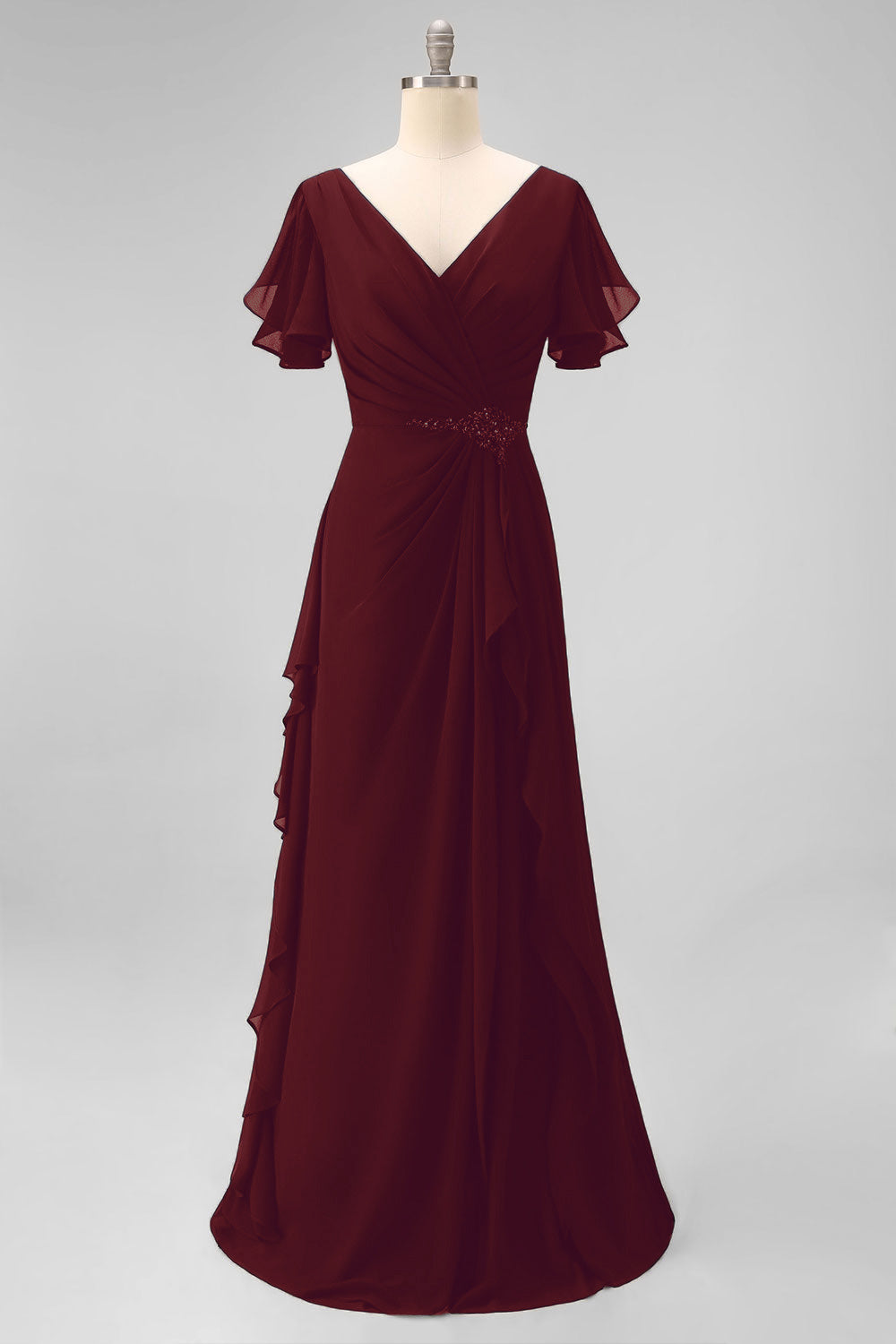 Navy Chiffon V-Neck A Line Ruched Long Mother Of The Bride Dress with Ruffles