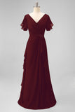 Navy Chiffon V-Neck A Line Ruched Long Mother Of The Bride Dress with Ruffles