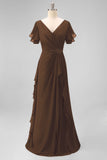 Navy Chiffon V-Neck A Line Ruched Long Mother Of The Bride Dress with Ruffles