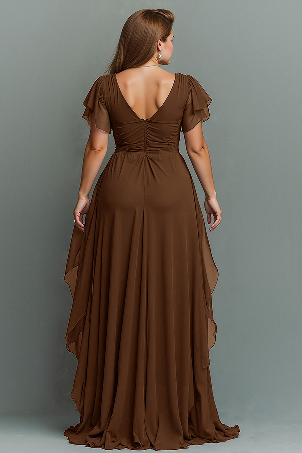 Navy Chiffon V-Neck Ruched Long  with Ruffles