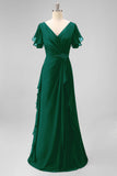 Navy Chiffon V-Neck A Line Ruched Long Mother Of The Bride Dress with Ruffles
