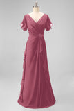 Navy Chiffon V-Neck A Line Ruched Long Mother Of The Bride Dress with Ruffles