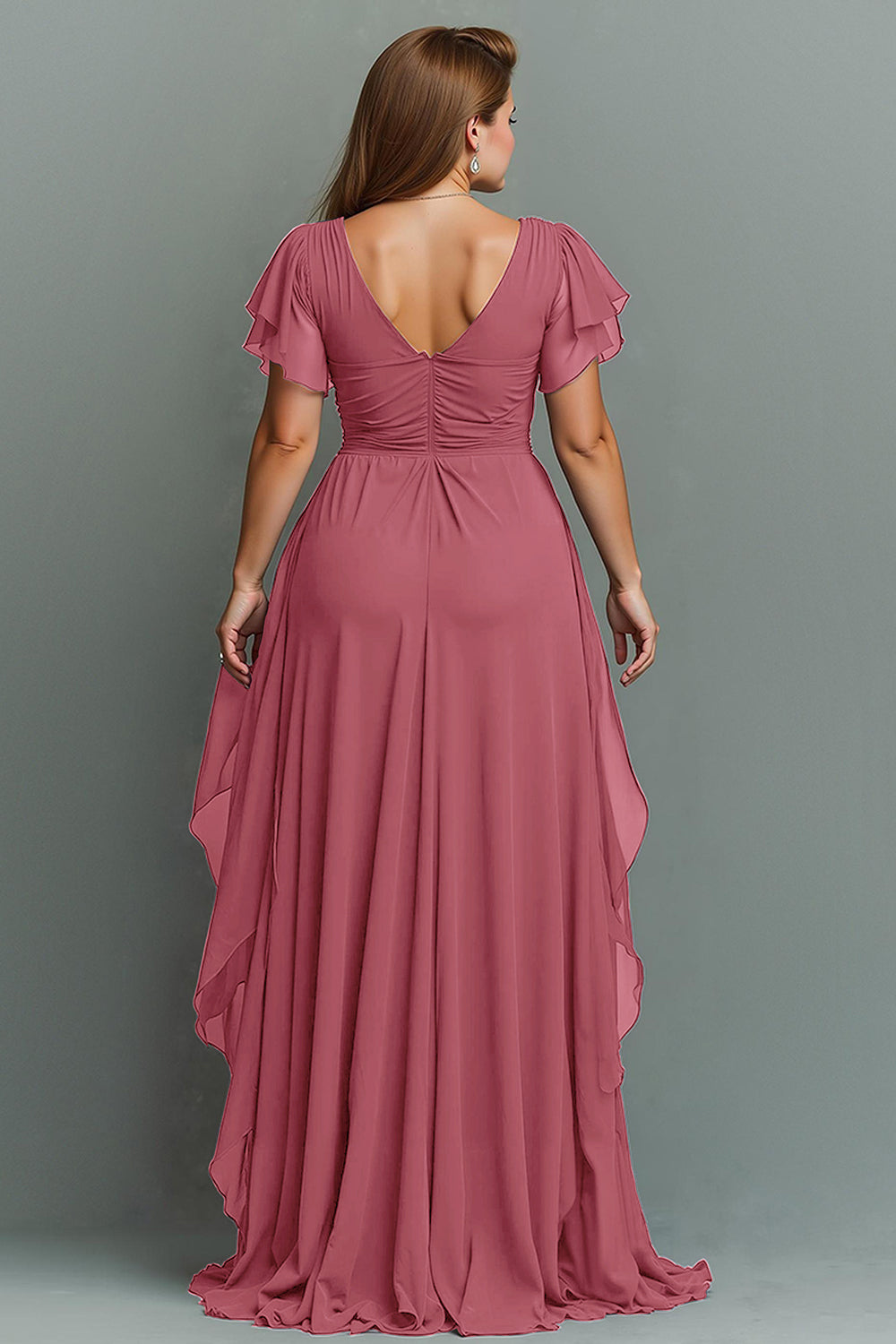 Navy Chiffon V-Neck Ruched Long  with Ruffles