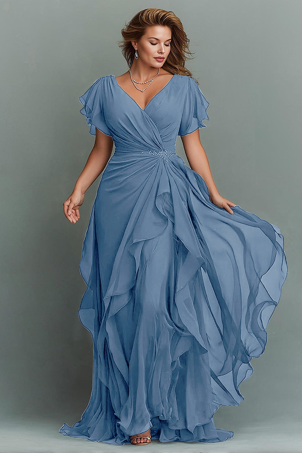 mother of the bride wrap dress Zapakasa Women Navy Chiffon Long Mother of the Bride Dress with Ruffles Ruched A Line V-Neck Wedding Guest Dress