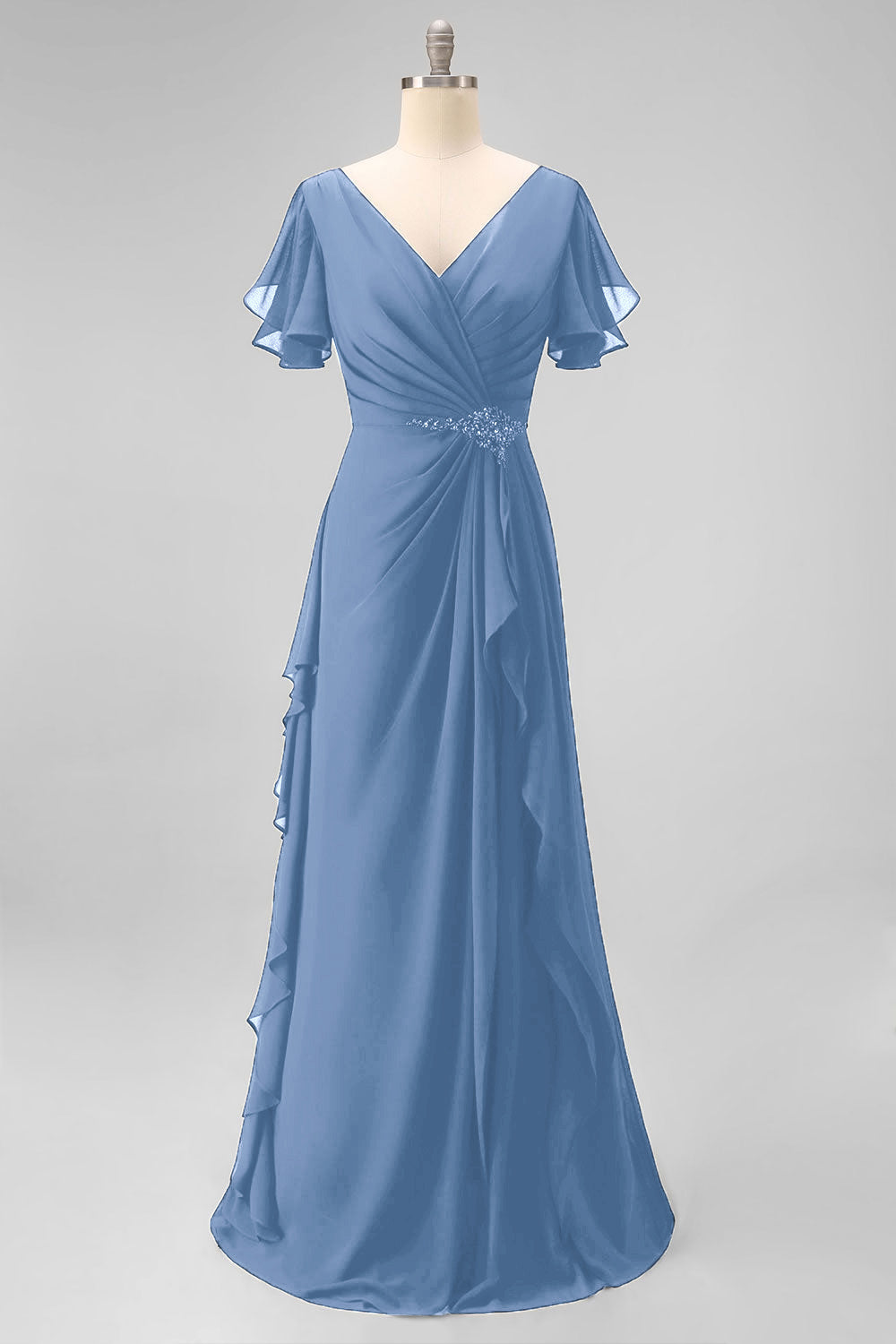 Navy Chiffon V-Neck A Line Ruched Long Mother Of The Bride Dress with Ruffles