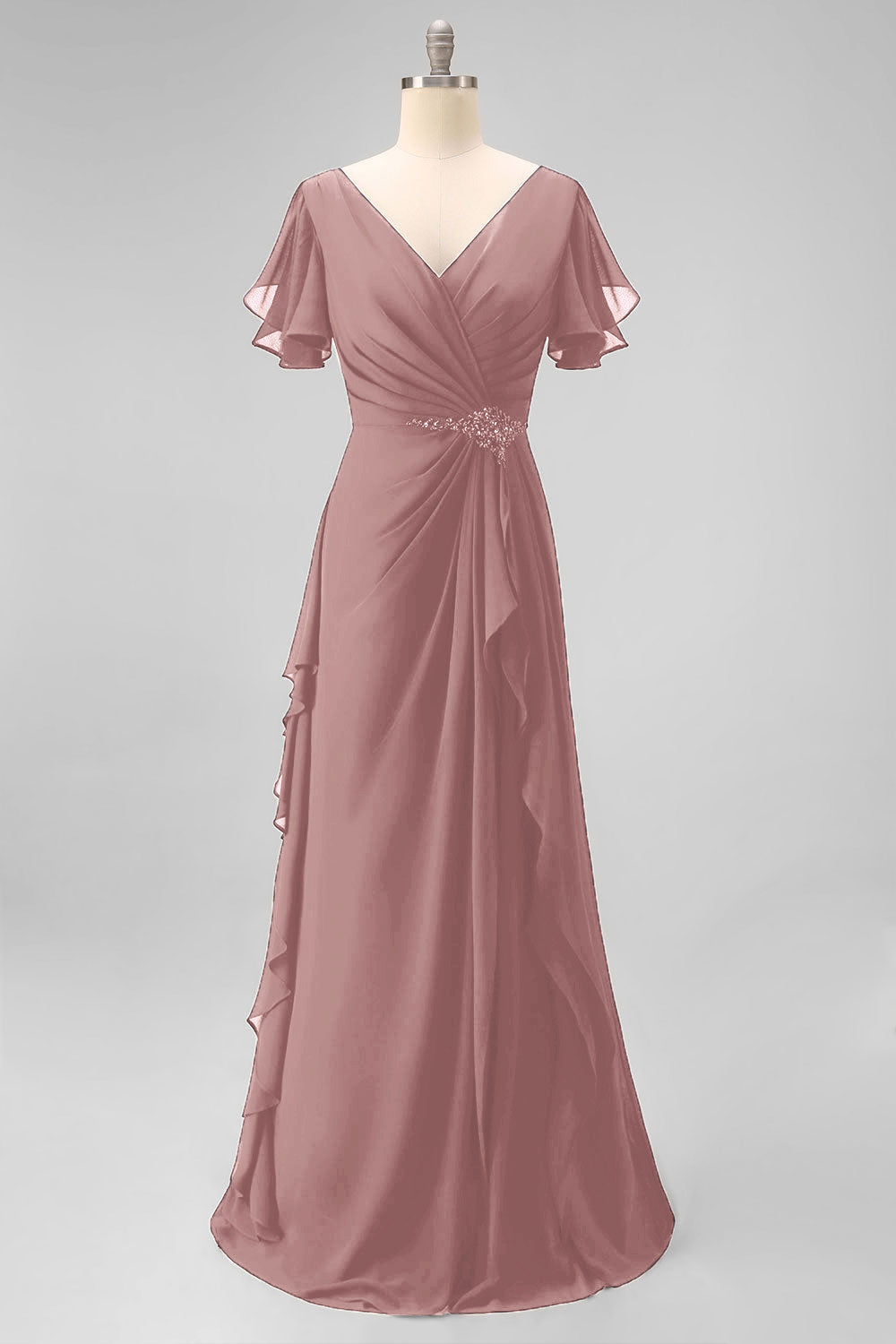 Navy Chiffon V-Neck A Line Ruched Long Mother Of The Bride Dress with Ruffles