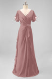 Navy Chiffon V-Neck A Line Ruched Long Mother Of The Bride Dress with Ruffles