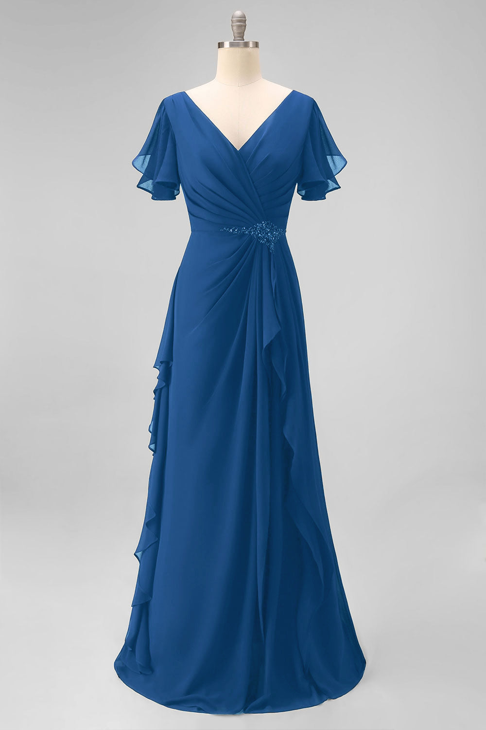 Navy Chiffon V-Neck A Line Ruched Long Mother Of The Bride Dress with Ruffles