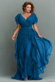 Navy Chiffon V-Neck Ruched Long  with Ruffles