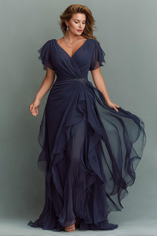 Navy Chiffon V-Neck Ruched Long Mother of the Bride Dress with Ruffles
