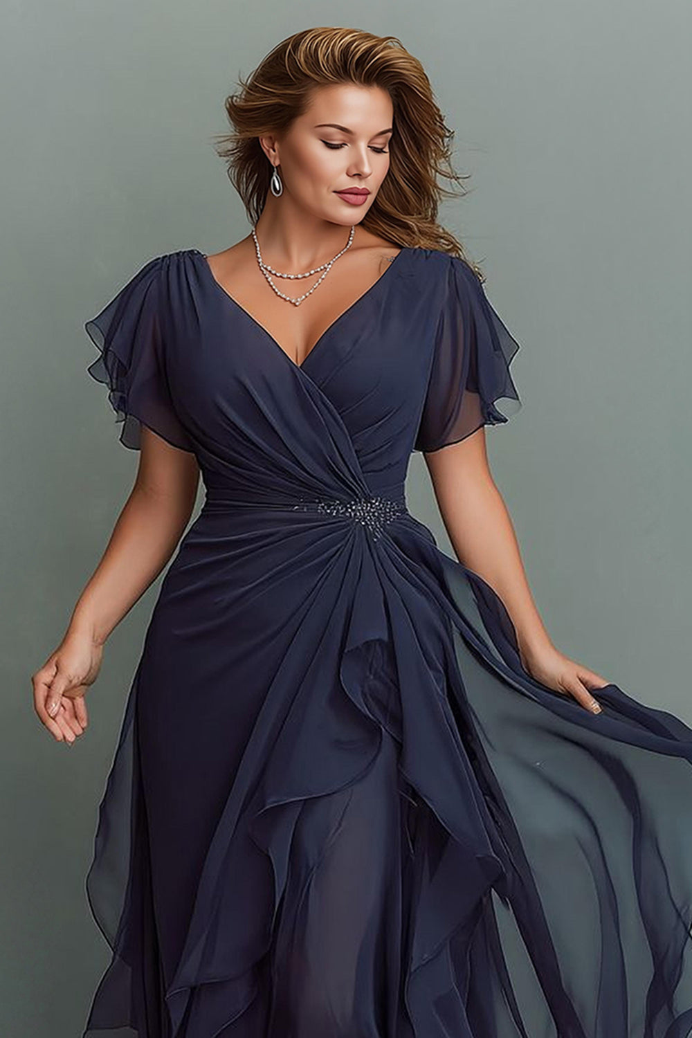 Navy Chiffon V-Neck Ruched Long Mother of the Bride Dress with Ruffles