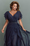 Navy Chiffon V-Neck Ruched Long Mother of the Bride Dress with Ruffles