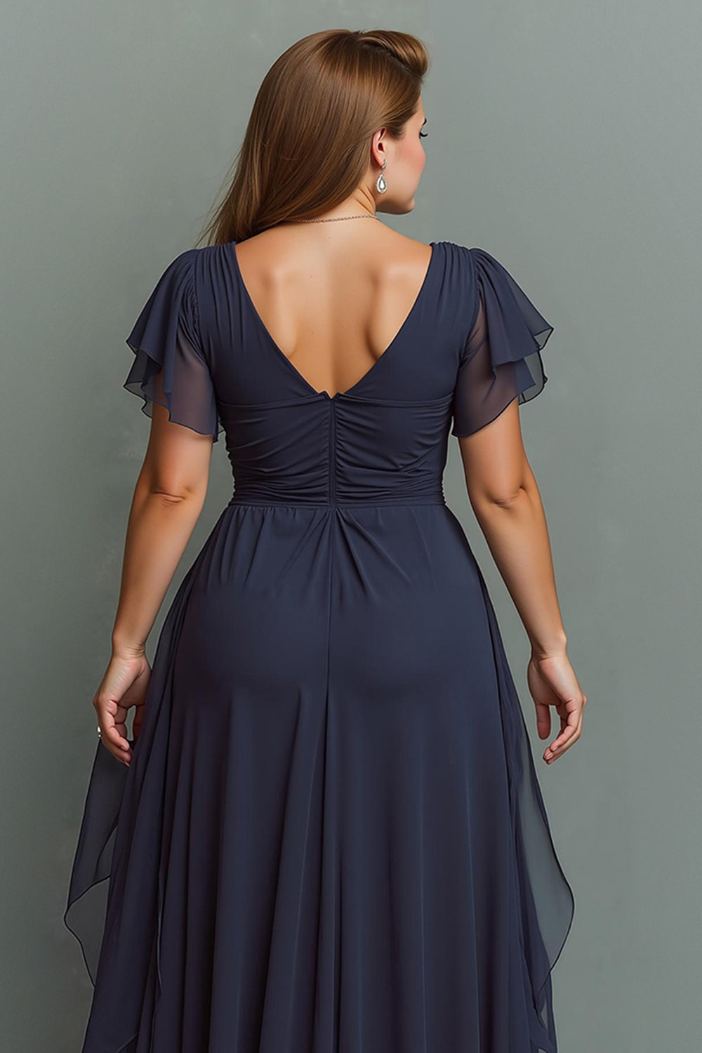 Navy Chiffon V-Neck Ruched Long Mother of the Bride Dress with Ruffles
