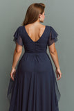 Navy Chiffon V-Neck Ruched Long Mother of the Bride Dress with Ruffles