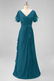 Navy Chiffon V-Neck A Line Ruched Long Mother Of The Bride Dress with Ruffles