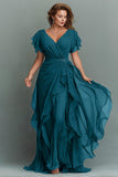 Navy Chiffon V-Neck Ruched Long  with Ruffles