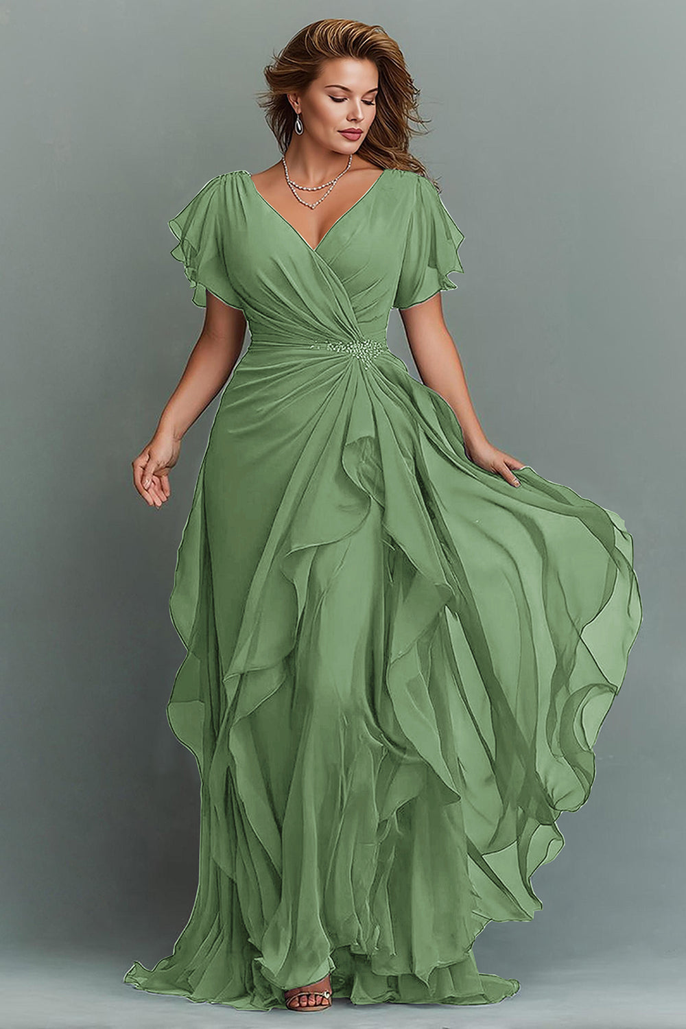 Navy Chiffon V-Neck Ruched Long  with Ruffles