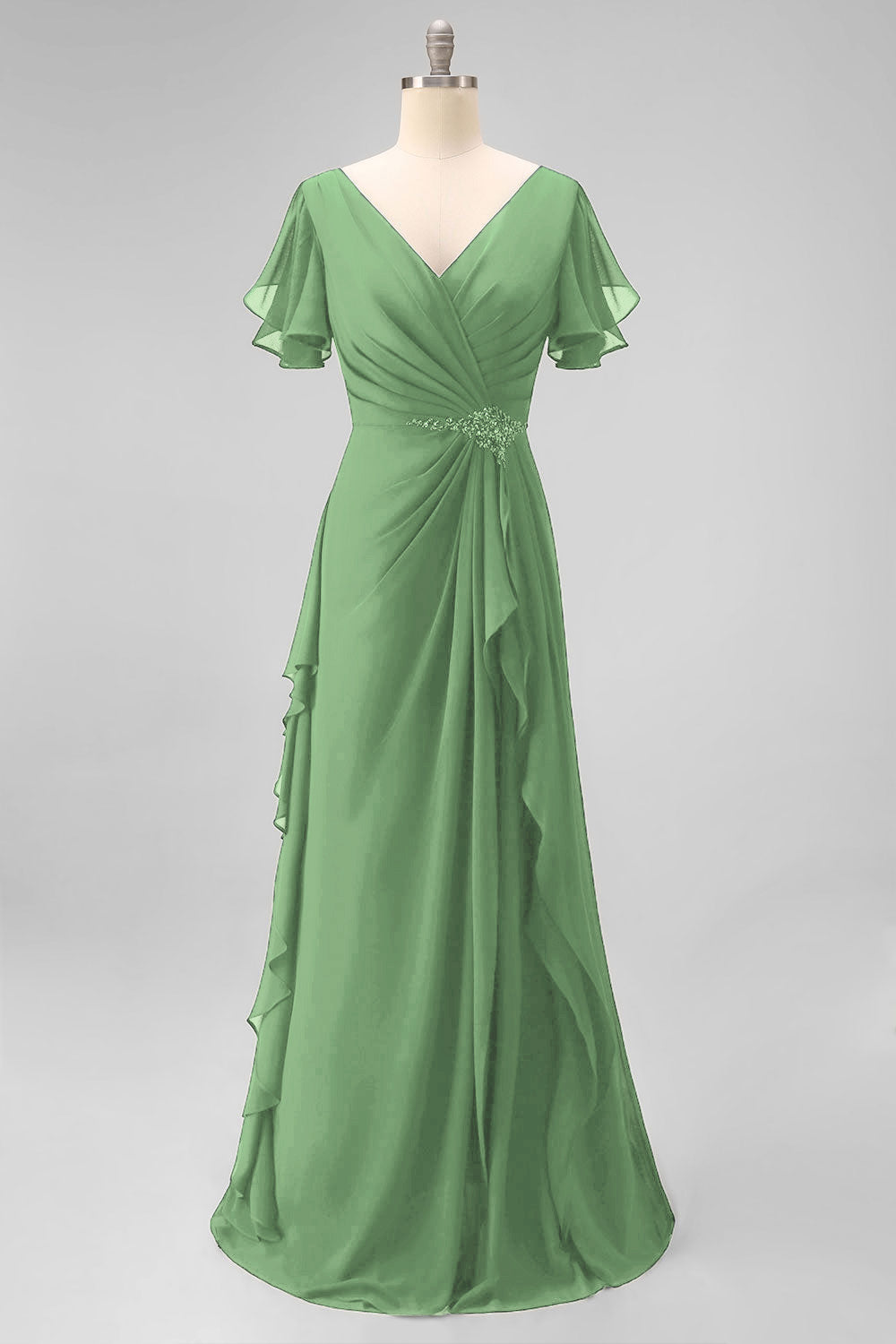 Navy Chiffon V-Neck A Line Ruched Long Mother Of The Bride Dress with Ruffles