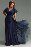 Navy Chiffon V-Neck Short Sleeves Long Mother of the Bride Dress