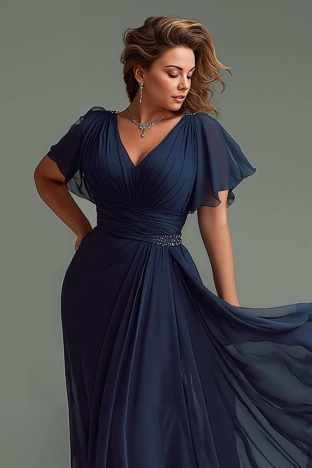 Zapakasa Women Navy Ruched Long Chiffon Mother of the Bride Dress Short Sleeves V-Neck A Line Wedding Guest Dress