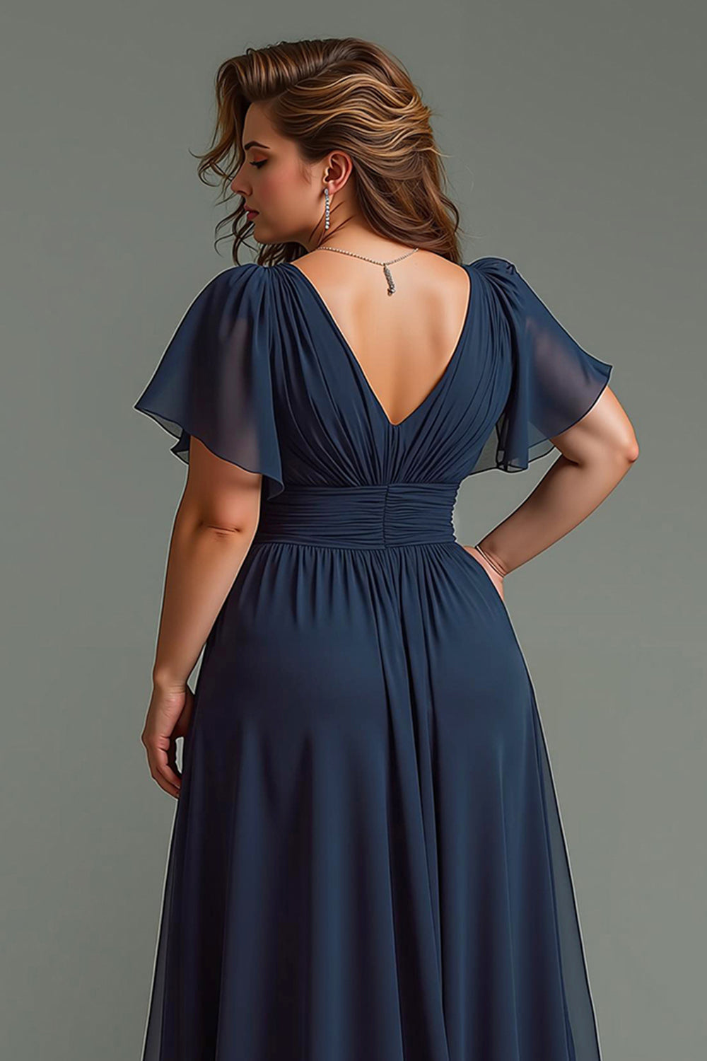 Navy Chiffon V-Neck Short Sleeves Long Mother of the Bride Dress