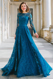 Ink Blue Round Neck Lace A-Line Long Mother of the Bride Dress with Sleeves