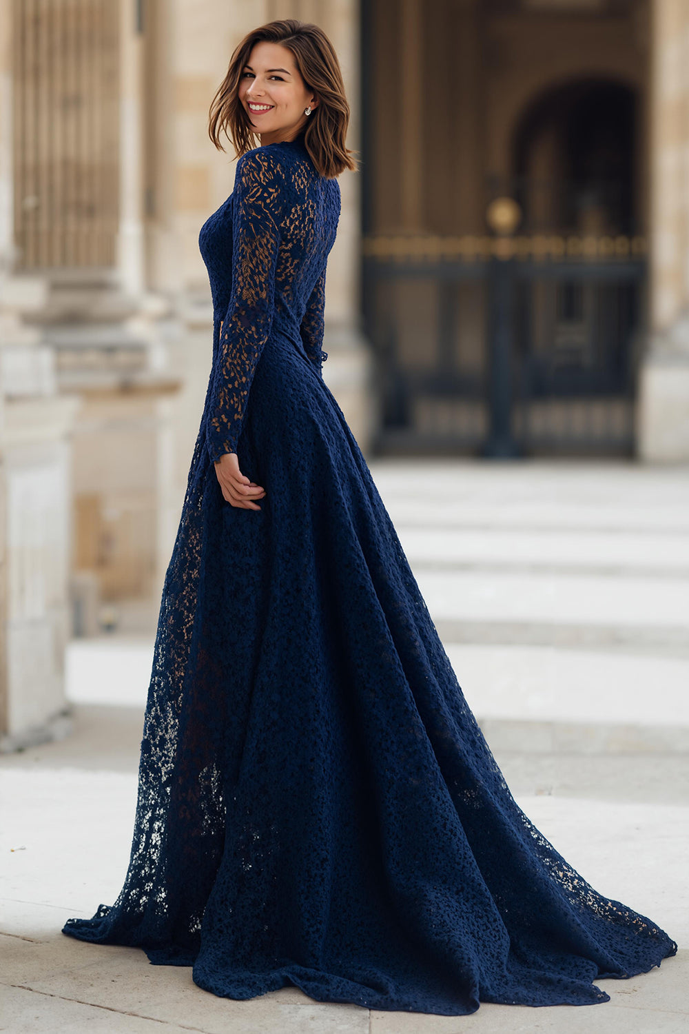 high neck blue lace dress Zapaka Women Navy Lace A-Line Long Mother of the Bride Dress High Neck Long Sleeves Wedding Guest Dress, Navy / US22W