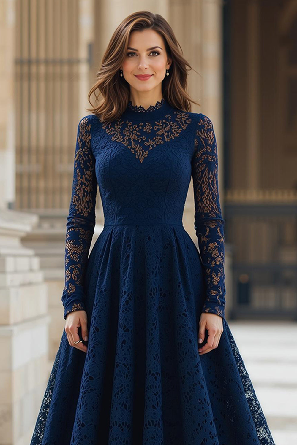 Zapakasa Women Navy Lace A-Line Long Mother of the Bride Dress High Neck Long Sleeves Wedding Guest Dress Zapakasa Women Navy Lace A-Line Long Mother of the Bride Dress High Neck Long Sleeves Wedding Guest Dress
