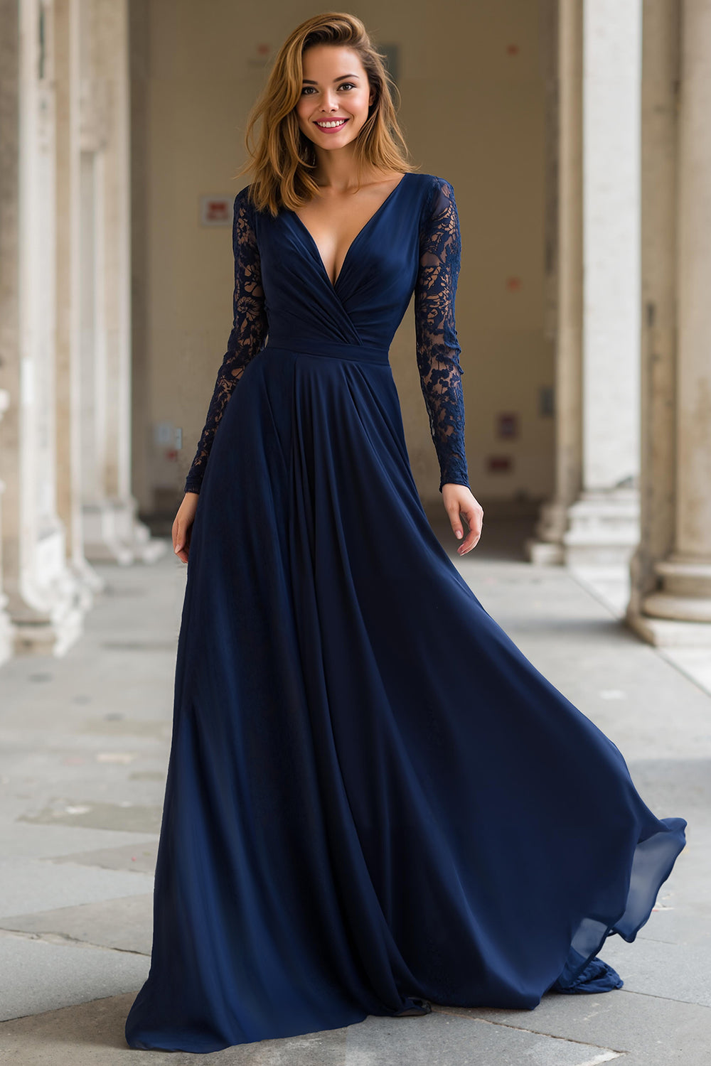 Zapaka Women Navy Chiffon A-Line Long Mother of the Bride Dress with Lace V-Neck Long Sleeves Wedding Guest Dress, Navy / US18W