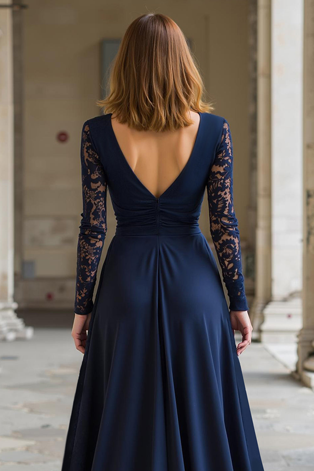 Zapakasa Women Navy Chiffon A-Line Long Mother of the Bride Dress with Lace V-Neck Long Sleeves Wedding Guest Dress Zapakasa Women Navy Chiffon A-Line Long Mother of the Bride Dress with Lace V-Neck Long Sleeves Wedding Guest Dress