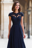 Navy Chiffon Round Neck A-Line Long Mother of the Bride Dress with Appliques