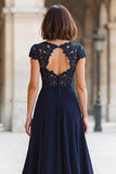 Navy Chiffon Round Neck A-Line Long Mother of the Bride Dress with Appliques