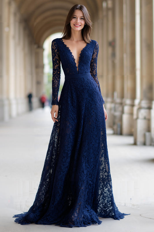 Navy V-Neck Long Sleeves A-Line Lace Long Mother of the Bride Dress