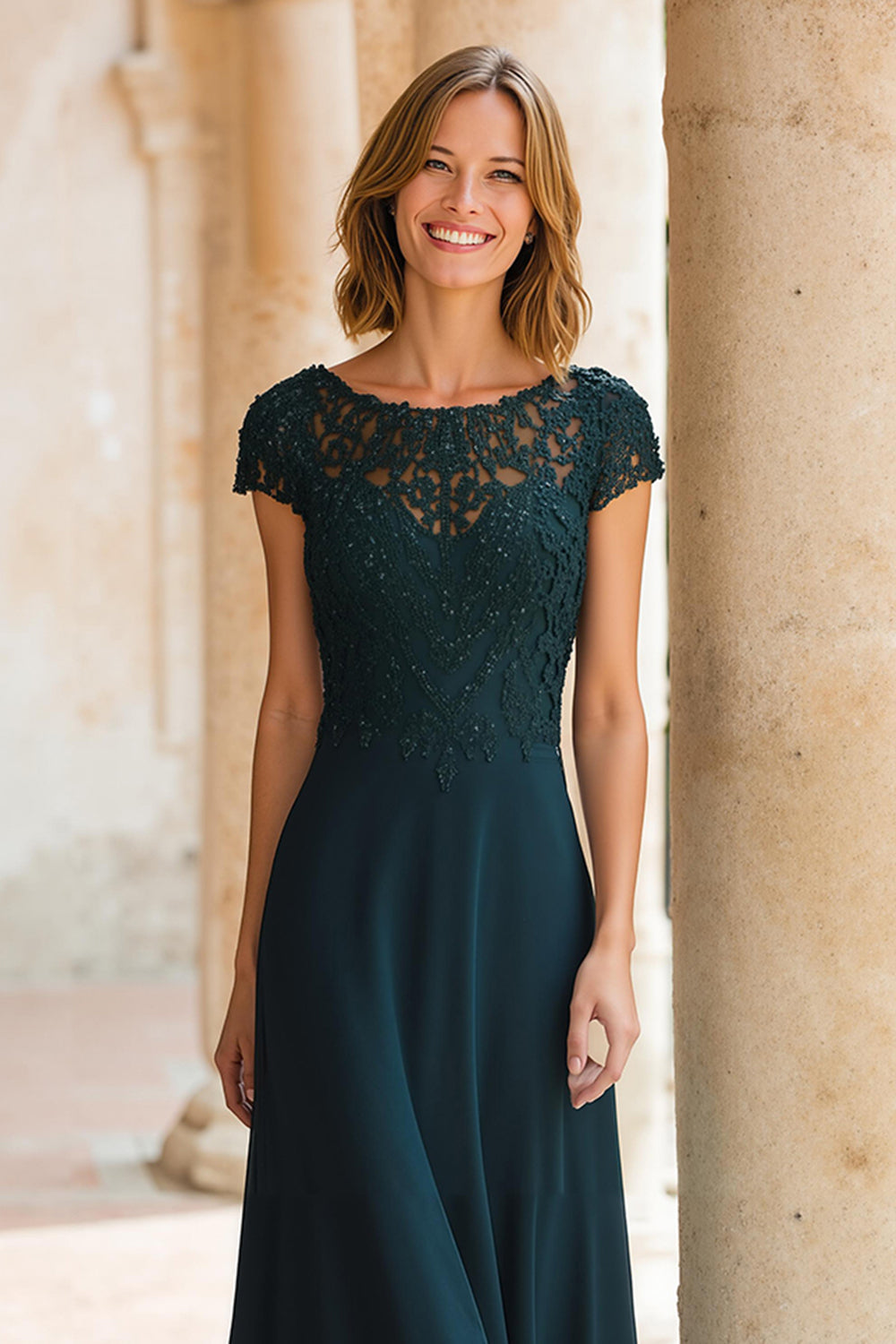 Zapakasa Women Peacock Green Chiffon A-Line Long Mother of the Bride Dress with Lace Round Neck Cap Sleeves Wedding Guest Dress Zapakasa Women Peacock Green Chiffon A-Line Long Mother of the Bride Dress with Lace Round Neck Cap Sleeves Wedding Guest Dress