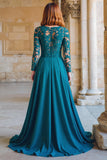 Peacock Blue Round Neck Chiffon A-Line Long Mother of the Bride Dress with Lace