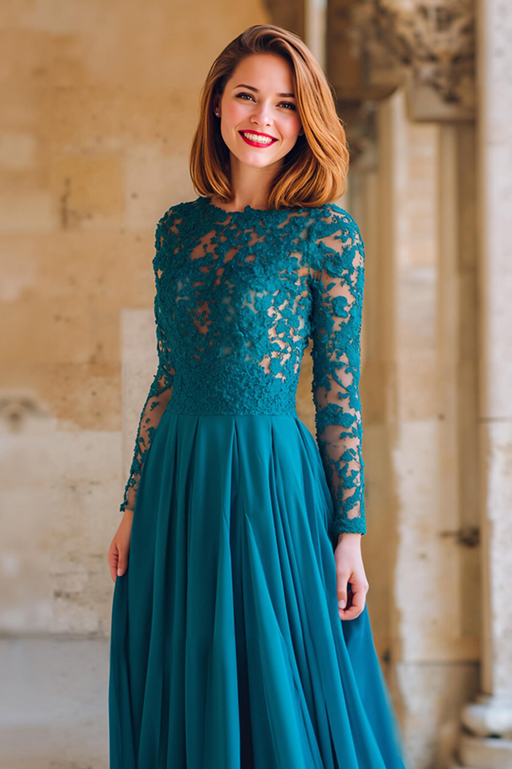 Peacock Blue Round Neck Chiffon A-Line Long Mother of the Bride Dress with Lace
