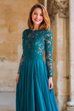 Peacock Blue Round Neck Chiffon A-Line Long Mother of the Bride Dress with Lace
