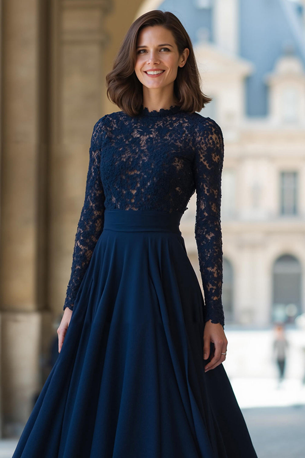 Navy High Neck Long Sleeves Chiffon A-Line Long Mother of the Bride Dress with Lace