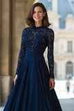 Navy High Neck Long Sleeves Chiffon A-Line Long Mother of the Bride Dress with Lace