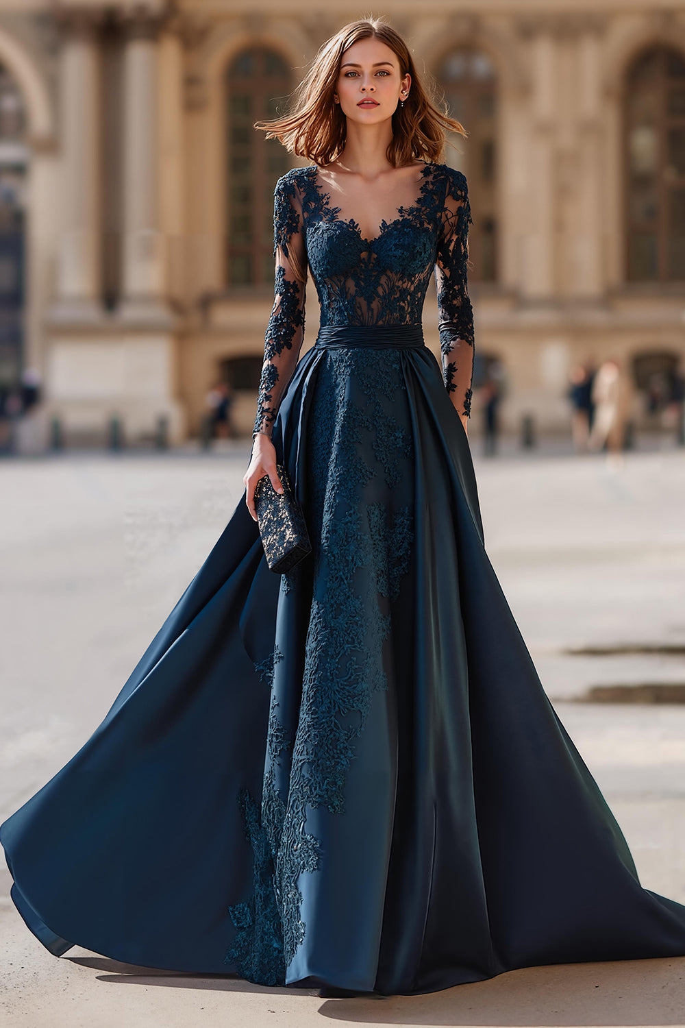 Zapaka Women Navy V-Neck Mother of the Bride Dress A-Line Long Sleeves Lace Applique Backless Satin Wedding Guest Dress, Navy / US22W