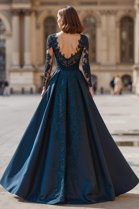 Navy V-Neck Long Sleeves A-Line Long Mother of the Bride Dress with Lace