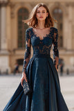Navy V-Neck Long Sleeves A-Line Long Mother of the Bride Dress with Lace