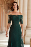 Dark Green Off the Shoulder Lace A-Line Long Mother of the Bride Dress with Sleeves