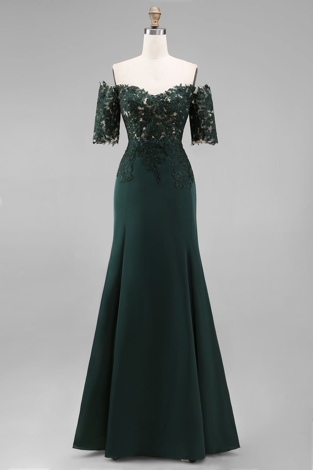 Dark Green Off the Shoulder Chiffon Sheath Long Mother of the Bride Dress with Lace