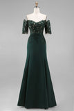 Dark Green Off the Shoulder Chiffon Sheath Long Mother of the Bride Dress with Lace