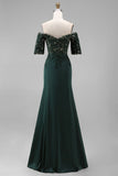 Dark Green Off the Shoulder Chiffon Sheath Long Mother of the Bride Dress with Lace