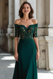 Dark Green Off the Shoulder Chiffon Sheath Long Mother of the Bride Dress with Lace