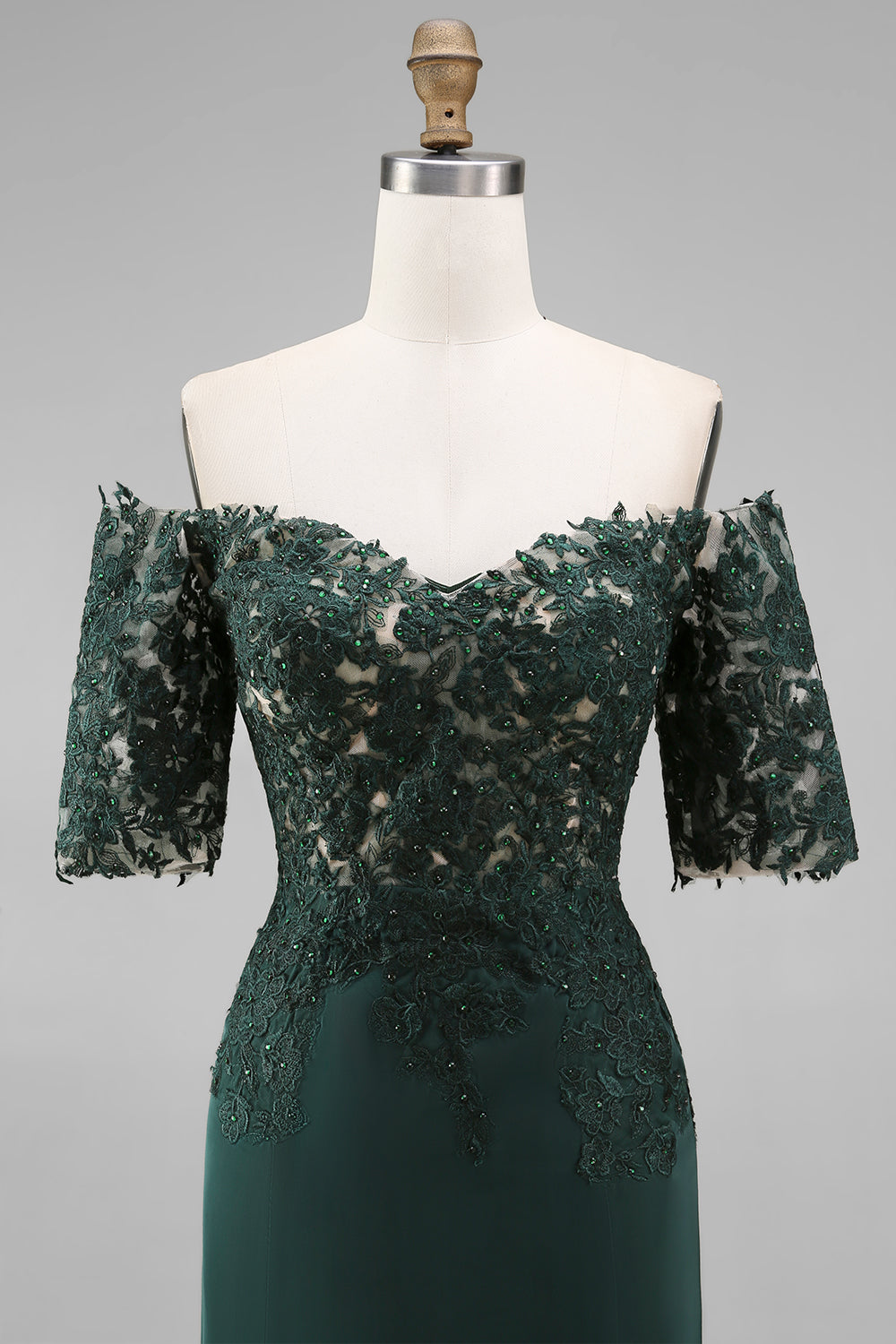 Dark Green Off the Shoulder Chiffon Sheath Long Mother of the Bride Dress with Lace
