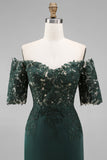 Dark Green Off the Shoulder Chiffon Sheath Long Mother of the Bride Dress with Lace
