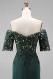 Dark Green Off the Shoulder Chiffon Sheath Long Mother of the Bride Dress with Lace